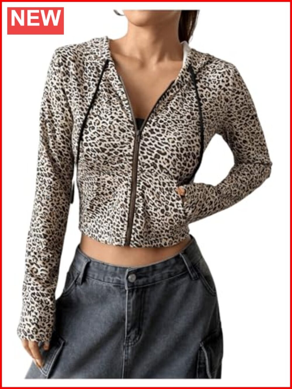 Leopard Print Zip Up Cropped Hoodie Drawstring Long Sleeve Casual Jacket